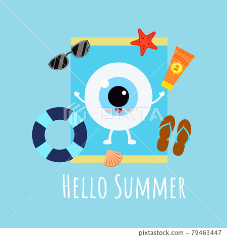 Cute eye ball sunbathing on sun lounger with sunscreen starfish lifebuoy shell slippers. 79463447