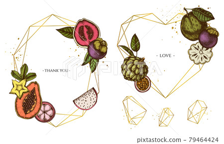 Golden frame with papaya, guava, passion fruit, starfruit, durian, rambutan, pitaya, jackfruit Golden frame with papaya, guava, passion fruit, starfruit, durian, rambutan, pitaya, jackfruit 79464424