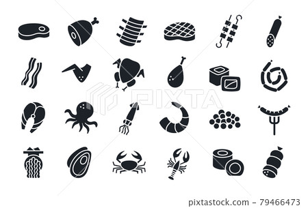 Meat products fish poultry seafood silhouette. Black isolated silhouettes. Fill solid icon. Modern glyph design. Steak ham gammon skewers bacon chicken wings fish sausages grilled sausage shrimp sushi 79466473