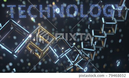 Technology text and cubic chain with binary numbers. Blockchain concept, 3D rendering 79468032