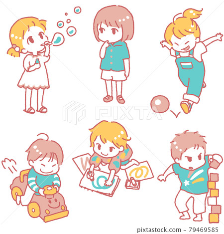 Illustration set of children playing (main line color pink) 79469585