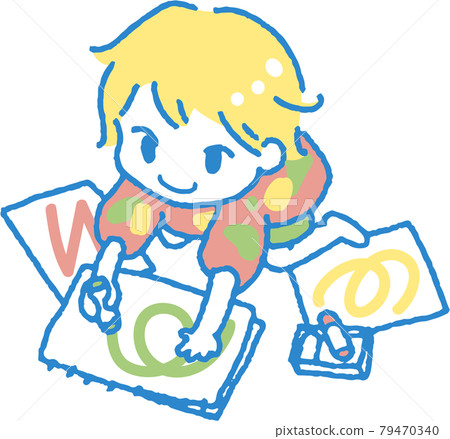 Illustration of a child playing with drawing (main line color blue) Illustration of a child playing with drawing (main line color blue) 79470340