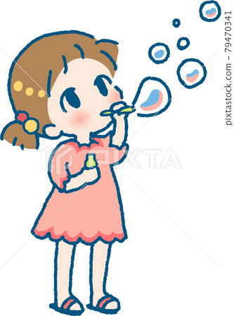 Illustration of a child playing with soap bubbles (solid paint | full color) 79470341