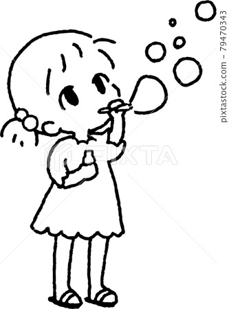 Illustration of a child playing with soap bubbles (monochrome line drawing) Illustration of a child playing with soap bubbles (monochrome line drawing) 79470343