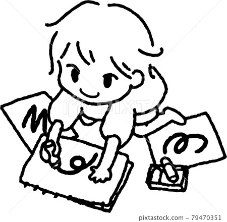 Illustration of a child playing with drawing (monochrome line drawing) Illustration of a child playing with drawing (monochrome line drawing) 79470351