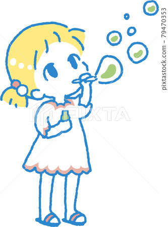 Illustration of a child playing with soap bubbles (main line color blue) Illustration of a child playing with soap bubbles (main line color blue) 79470353