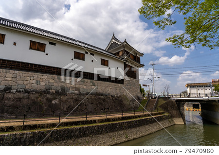 京都府福知山市春季福知山城公園護城河和砲塔 79470980
