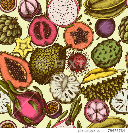 Seamless pattern with hand drawn colored papaya, guava, passion fruit, starfruit, durian, rambutan 79472784