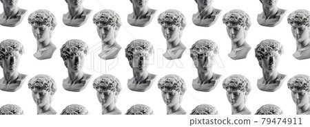 Pattern from gypsum statue of David's head. Michelangelo's David statue plaster copy isolated on white background. Ancient greek sculpture, statue of hero, banner 79474911