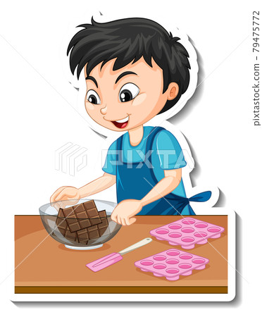 Sticker design with a baker boy holding chocolate bowl 79475772