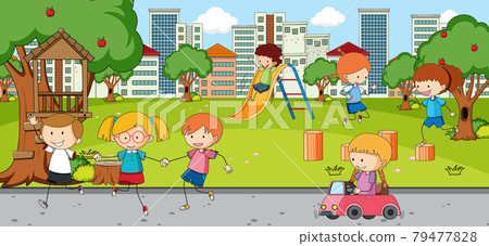 Outdoor scene with many kids playing in the park - Stock Illustration ...
