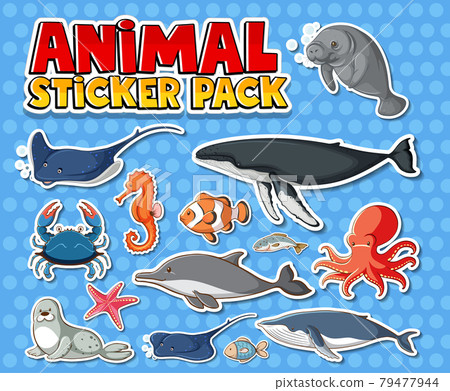 Cute sea animals sticker pack isolated Cute sea animals sticker pack isolated 79477944