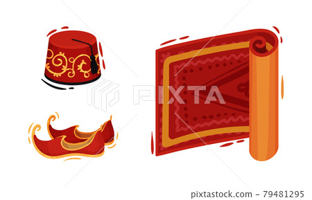 Turkey Culture Traditional Symbols with Fez Hat, Carpet and Shoes Vector Set 79481295