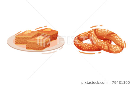 Turkey Culture Traditional Symbols with Simit Circular Bread with Sesame Seeds and Baklava Vector Set 79481300