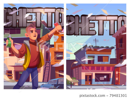 Teenager painting at ghetto street cartoon landing 79481301