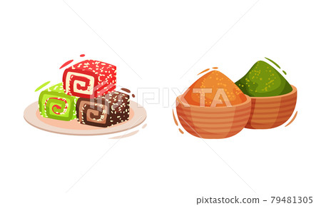 Turkey Culture Traditional Symbols with Piled Spices and Rahat Lakoum Dessert Vector Set 79481305