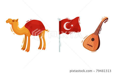 Turkey Culture Traditional Symbols with National Flag on Pole and Camel Vector Set 79481313