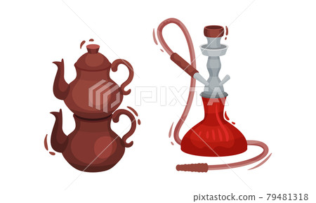 Turkey Culture Traditional Symbols with Hookah and Teapot Vector Set 79481318