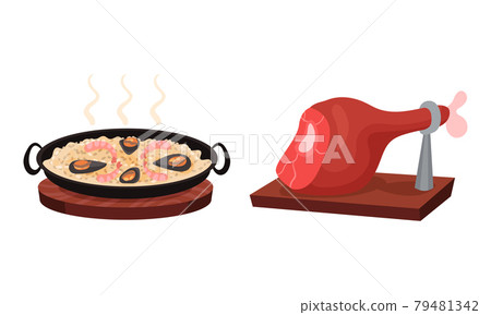 Spain Attributes with Seafood Paella Dish and Jamon Vector Set 79481342