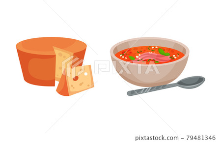 Spain Attributes with Gazpacho Soup in Bowl and Cheese Slab Vector Set 79481346