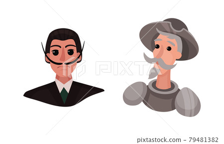 Spain Attributes with Don Quixote and Moustached Man Portrait Vector Set 79481382