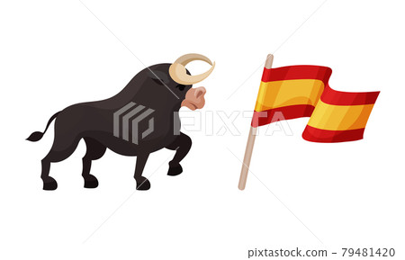 Spain Attributes with Horned Bull and Waving Flag on Pole Vector Set 79481420