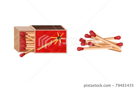 Matchbox and Match as Small Wooden Stick for Starting Fire Vector Set 79481435