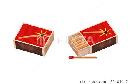 Matchbox and Match as Small Wooden Stick for Starting Fire Vector Set 79481442
