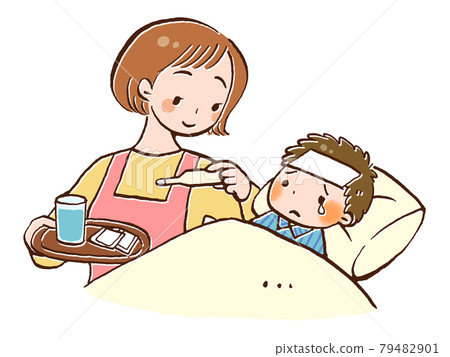 一位母親照顧發燒孩子的插圖 79482901