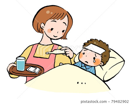 Illustration of a mother caring for a child who has a fever 79482902