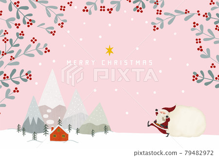 Illustration of snow-covered mountains, red houses, fir trees and Santa Claus pink Illustration of snow-covered mountains, red houses, fir trees and Santa Claus pink 79482972