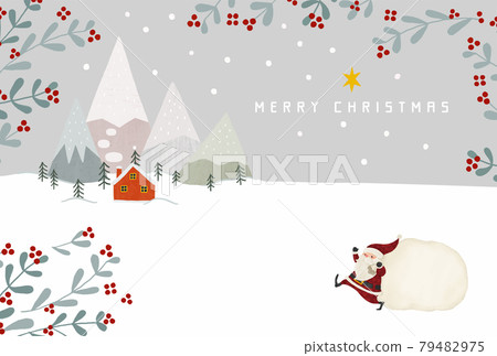 Illustration of snow-covered mountains, red houses, fir trees and Santa Claus gray Illustration of snow-covered mountains, red houses, fir trees and Santa Claus gray 79482975