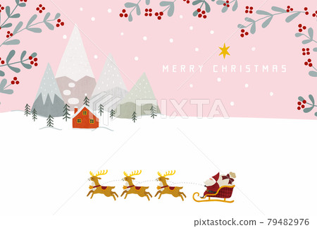 Illustration of snow-covered mountains, red houses, fir trees, Santa Claus and reindeer pink Illustration of snow-covered mountains, red houses, fir trees, Santa Claus and reindeer pink 79482976