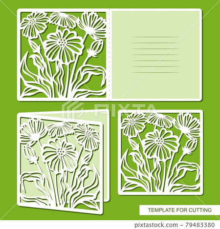 Folding card with carved flowers, daisies. Blank for congratulations on Mother's Day, March 8, Women's Day, wedding invitation with lines for text. Vector template for plotter laser cutting of paper. 79483380