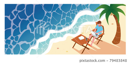 A man worcation at the beach (horizontally long) A man worcation at the beach (horizontally long) 79483848