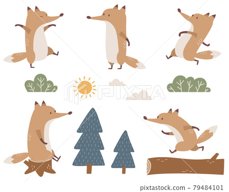 A set of cute fox characters and landscape design materials 79484101