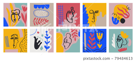 Vecto set of cards with hand drawn Faces, Leaves, Flowers, abstract shapes. Doodle, art modern posters. Contemporary collage blob illustrations. Continuous line, minimalistic concept 79484613