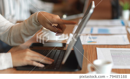 Closeup of businesswoman hands pointing and typing on laptop in meeting room 79485188