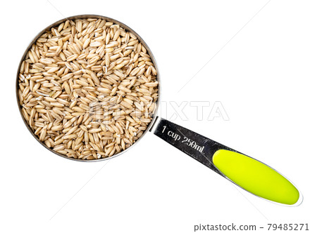wholegrain oat grains in measuring cup cutout 79485271