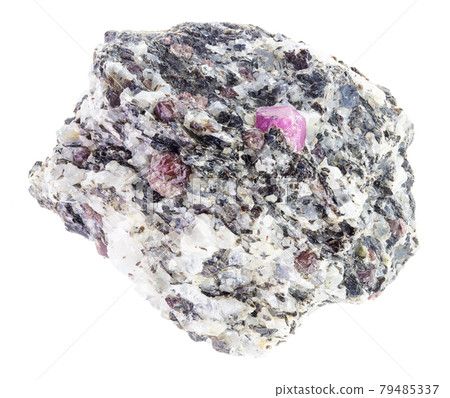 Corundum crystals in raw gneiss stone on white Corundum crystals in raw gneiss stone on white 79485337
