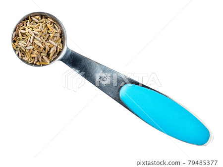 cumin seeds in measuring teaspoon cutout on white 79485377