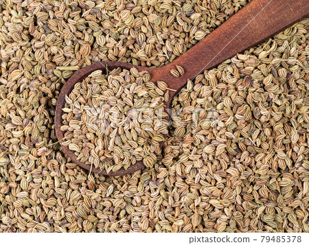 spoon on pile of ajowan fruits closeup spoon on pile of ajowan fruits closeup 79485378