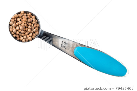 dried coriander seeds in measuring teaspoon cutout dried coriander seeds in measuring teaspoon cutout 79485403