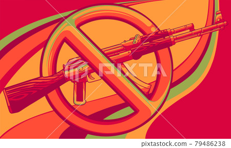 Silhouette of assault rifle with sign over it - weapons ban. 79486238