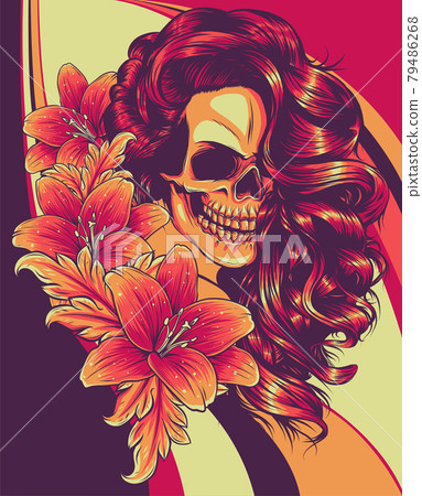 vector illustration of woman Skull with flower Lily 79486268