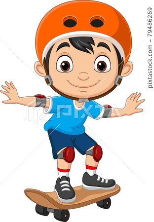 Cartoon happy little boy skateboarding 79486269