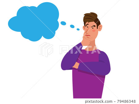 the posture of a young man thinking with a word balloon A man puts his hand under his chin and thinks. vector illustration male character 79486348