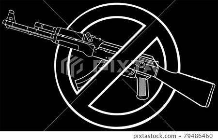 Silhouette of assault rifle with sign over it - weapons ban. Silhouette of assault rifle with sign over it - weapons ban. 79486460