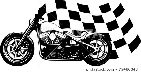 Old vintage black bobber bike with race flag Old vintage black bobber bike with race flag 79486848