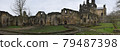 Beautiful panoramic landscape of the Kirkstall Abbey ruins, Leeds, England; taken in a rainy day of 2 April 2018 79487398